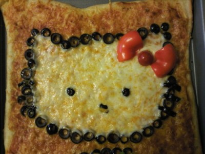 hello kitty square pizza square Hello Kitty pizza with olives